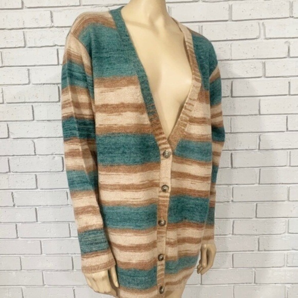 Intermix Womens Space Dye Striped Oversized Cardigan Sweater Teal Tan | Size  XL